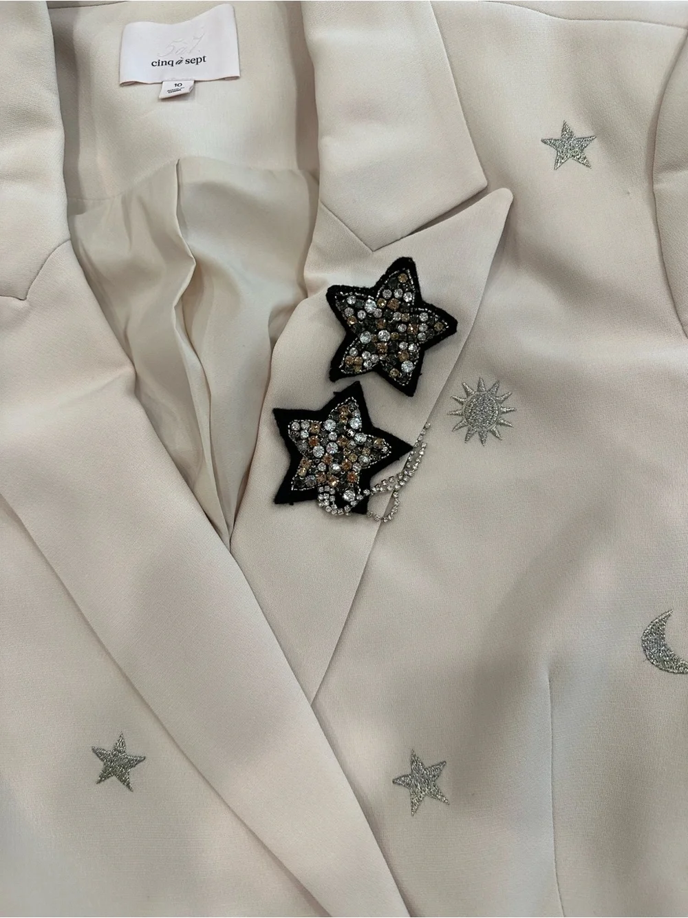 Cinq à Sept Embroidered Celestial Double Breasted Blazer Size 10 Ivory Moon & St